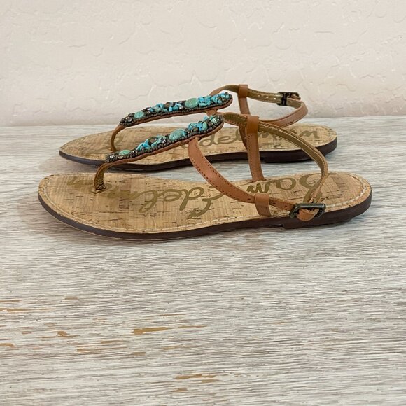 Sam Edelman Sandals 6.5 Tan Turquoise Blue Stones Beads Cork Thong T Strap Flat - Picture 6 of 12